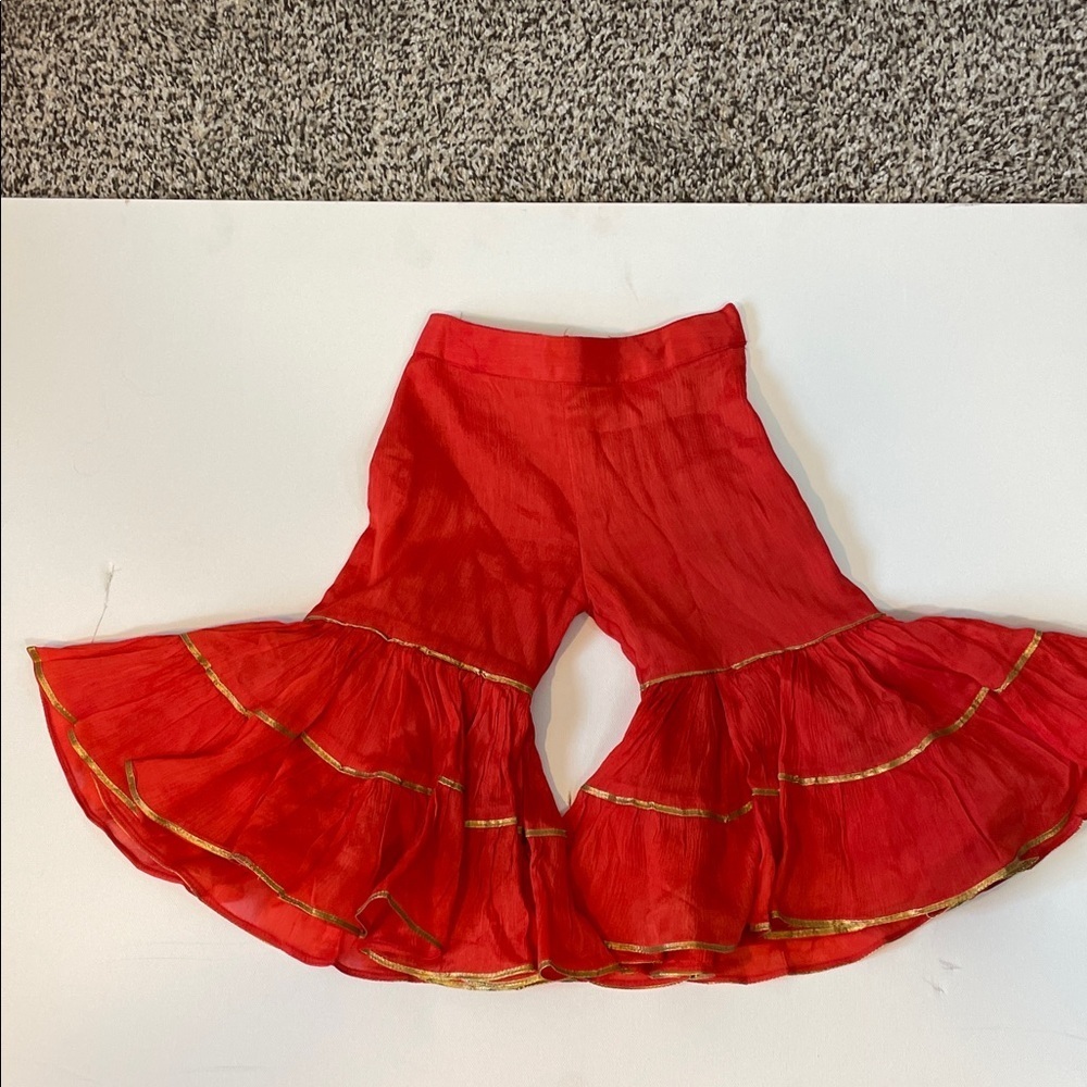 Vintage Red Two-Piece Set Beaded Embroidered Top & Ruffle Pants - Picture 14 of 16
